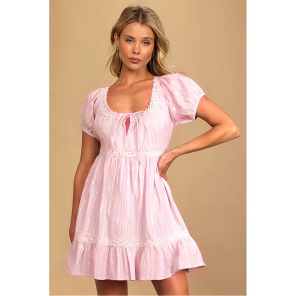 Lulus So Darling Light Pink Dotted Short Sleeve Mini Dress XS NWT - Picture 1 of 5